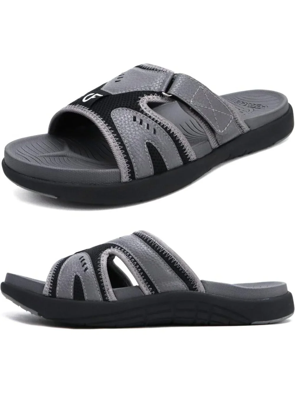 Men Grey Black Sport Recovery Sandals Plantar Fasciitis Soft Cushion Lightweight